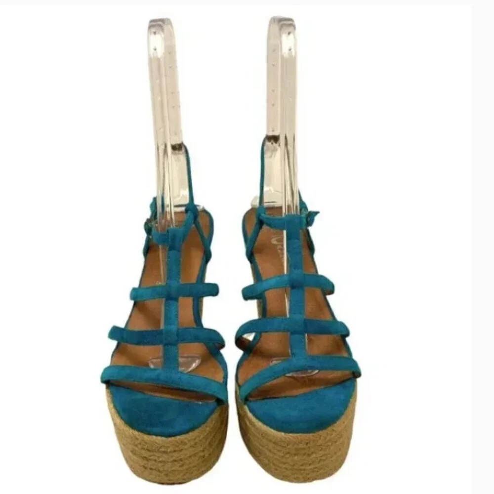 Jeffrey Campbell Jenna Teal Suede Platform Esparto Rope Espadrilles - Size 11